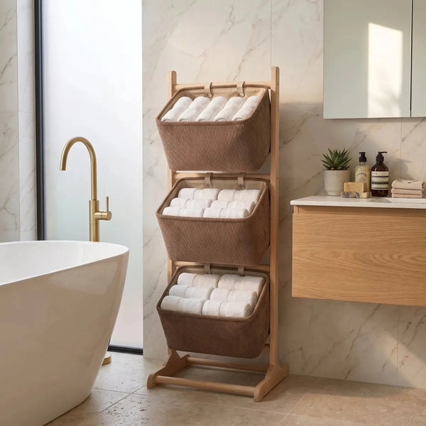 Estante organizador de tela y madera de 3 niveles