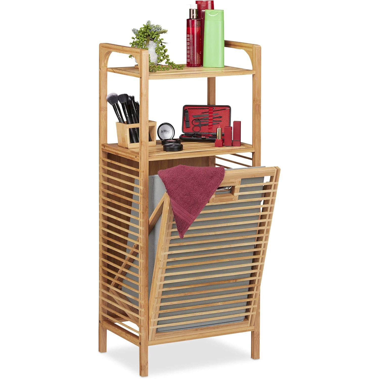 Canasto Cesto Ropa Sucia Organizador Bambú Mueble 2 Niveles