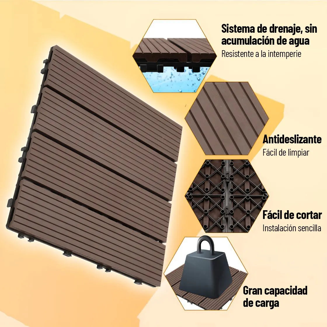 Baldosa Piso Deck Modular Wpc 30x30cm Encastrable Exterior