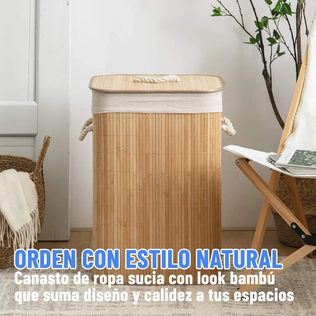 Canasto Cesto Ropa Sucia Pleglable Look Bambu Grande Tapa Ql