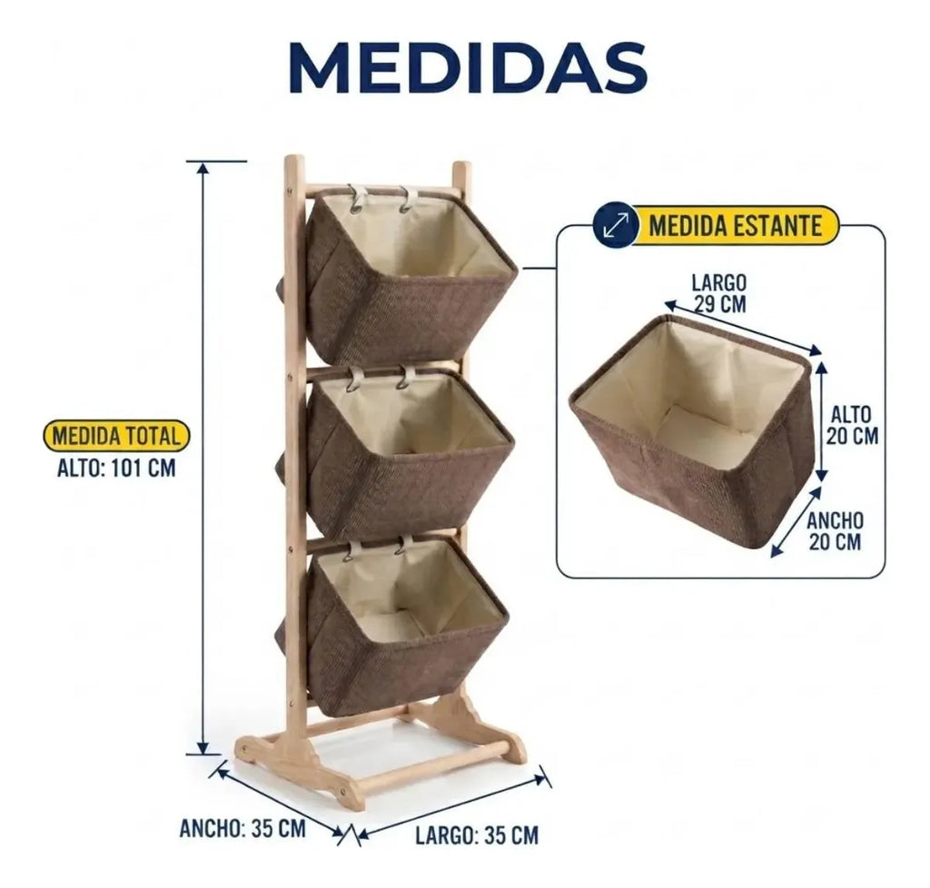 Estante organizador de tela y madera de 3 niveles