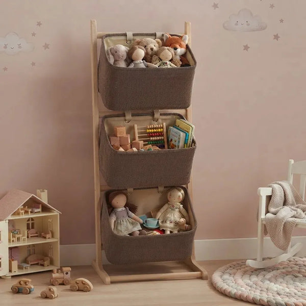 Estante organizador de tela y madera de 3 niveles