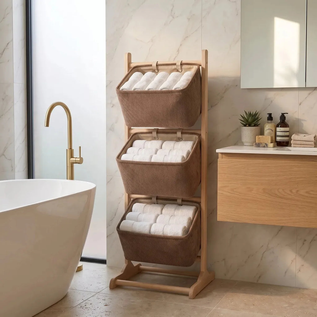 Estante organizador de tela y madera de 3 niveles