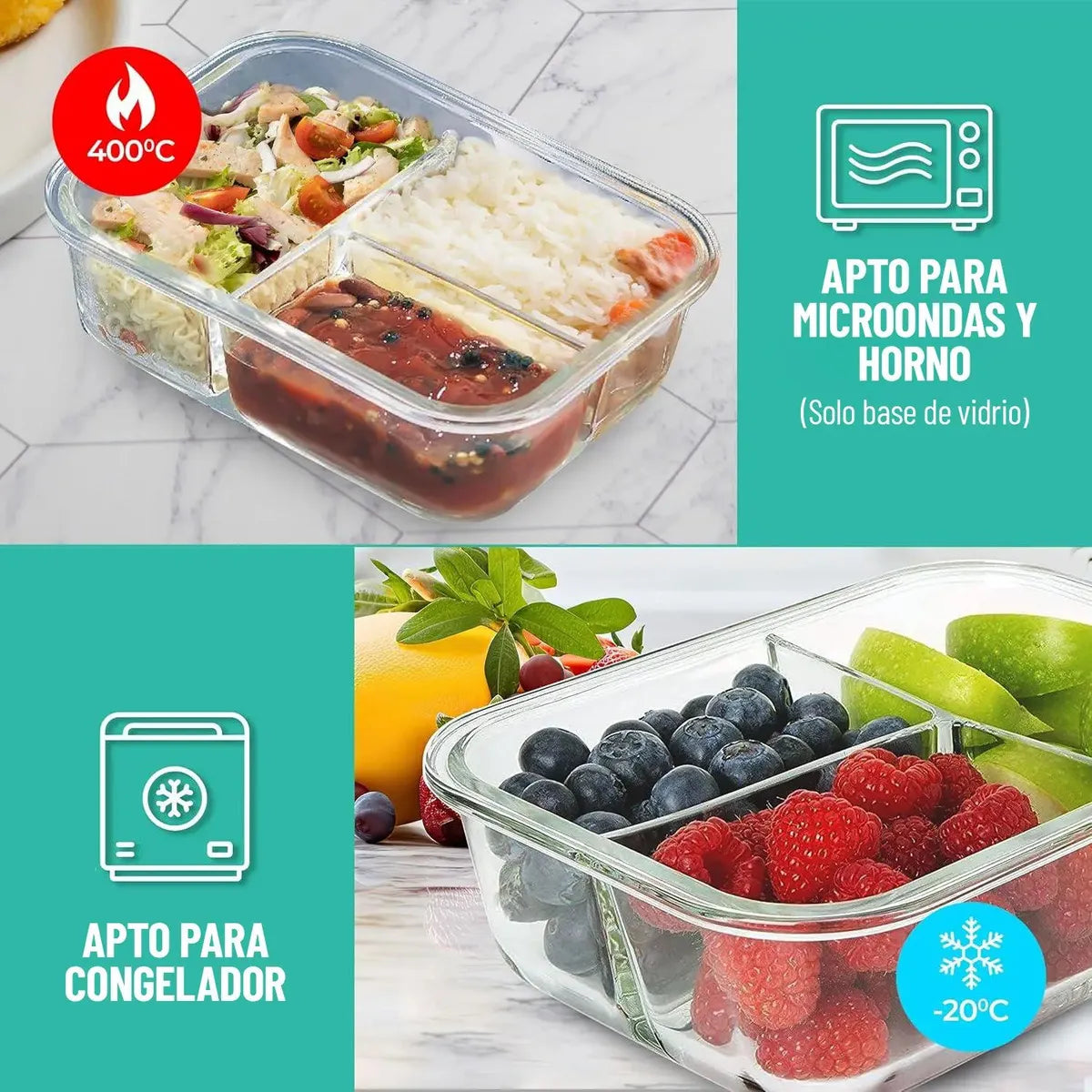Táper hermético de vidrio con 3 divisiones